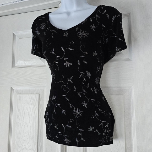 Vtg 90s floral sparkly vneck blouse - Picture 1 of 4
